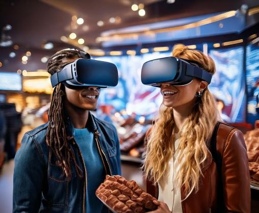 2 jeunes sur un stand sur mesure innovant avec casques réalité virtuelle